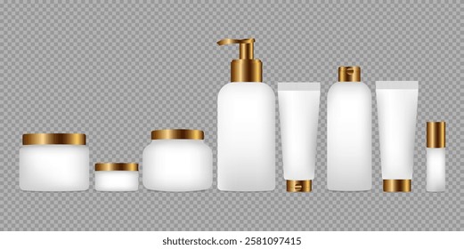 Set of vector images. Container, container for cosmetics, for cream. 3D effect. white color with gold