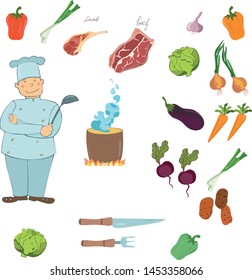set of vector images a cook with a ladle and soup products meat, vegetables