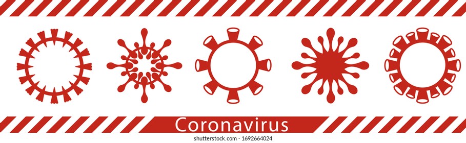 Set of vector images of coronavirus molecules under the microscope. Red microbe on a white background. Set of covid-19 infection logos. Sign "stop coronavirus".