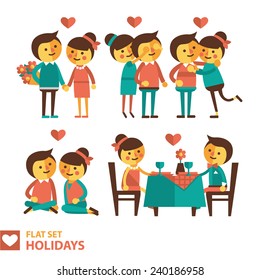 Set of vector images of couples in the flat style. Characters in different situations and poses. flat design.