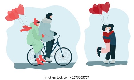 Set of vector images of couples in love. Illustrations for Valentine's Day, February 14 in cartoon style.   A man and a woman ride on the same bike, hugging on the balcony.