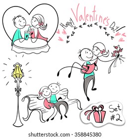 Set of vector images of couples in the sketch style. Characters in different situations. sketch design character on Valentine day. Boyfriend holding on his arms, presents heart for your design. Vector