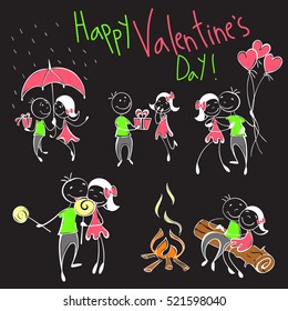 Set of vector images of couples in the sketch style. Characters in different situations. sketch design character on Valentine day. Couple with pink balloons, presents heart for your design. Vector