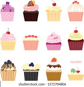 Set of vector images. Cupcakes, cake. Different shape, bright colors and decorations. Cream, whipped cream, icing, chocolate, jelly, berries. Delicious and beautiful holiday pastries.