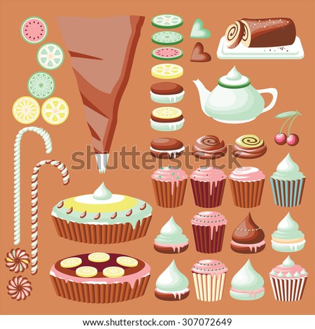 A set of vector images of cupcakes and other sweets.