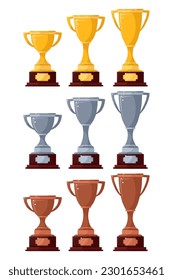 Conjunto de imágenes vectoriales de tazas, trofeos sobre un fondo blanco. Premios. Premio al ganador de un concurso o competencia. Iconos de goblets brillantes