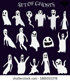 A set of vector images of cute 16 ghosts of different types and shapes for Halloween, this set can be used to design postcards, invitations, design social networks, thematic presentations, etc.