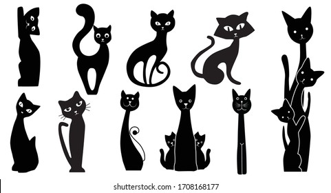 Set of vector images of cute black cat in various poses- silhouette style that can be used for magnets, calendar, greeting card