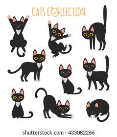 Set of vector images of cute black cat in various poses. 