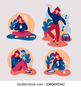 A set of vector images of a cute girl Flat 2D web desig