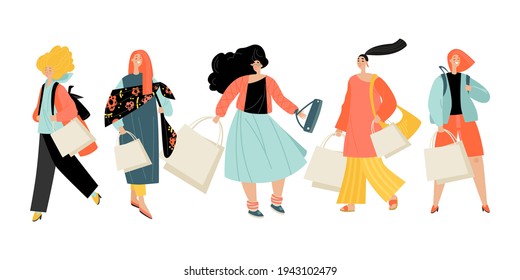 Conjunto de imágenes vectoriales de chicas lindas con bolsas de compras. Concepto de venta. Caracteres de estilo de dibujos animados