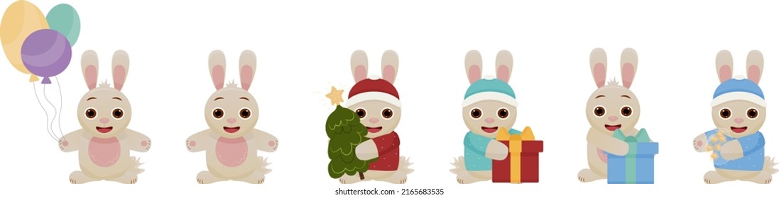 Set of vector images of cute rabbits. New Year's set with rabbits.  A hare with a Christmas tree, with gifts, with toys.