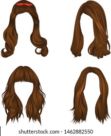 Set of vector images of dark brown hairstyles For women with long dark brown hair