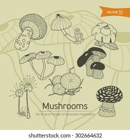 Set of vector images of decorative mushrooms