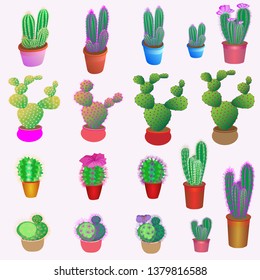 Set of vector images of different cacti. Stickers cactus