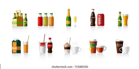 Set of vector images with different drinks. Vector bottles and glasses illustrations