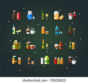 Set of vector images with different drinks. Vector bottles and glasses illustrations