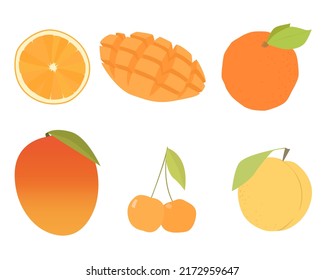 Conjunto de imágenes vectoriales de diferentes frutos. Dibujo de diseño de frutos coloridos: mango, cereza, melocotón, naranja