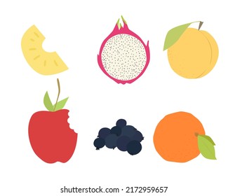 Set of vector images of different fruits. Designer drawing of colorful fruits: currant, apple, orange, dragon fruit, pineapple, peach