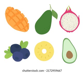 Set of vector images of different fruits. Designer drawing of colorful fruits: dragon fruit, pineapple, mango, avocado, wild berries