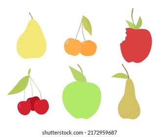 Set Of Vector Images Of Different Fruits. Designer Drawing Of Multi-colored Fruits: Apple, Pear, Cherry, Sweet Cherry