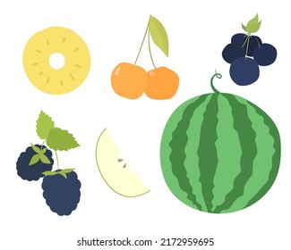 Set of vector images of different fruits. Designer drawing of colorful fruits: watermelon, cherry, apple, pineapple, berries