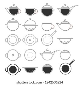 A set of vector images of dishes. Cup, pan, frying pan, kettle.