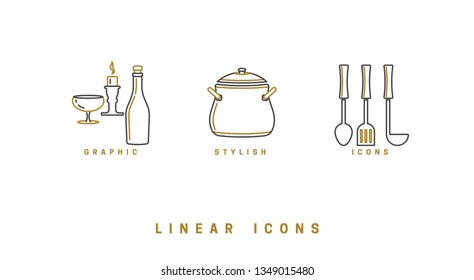A set of vector images of dishes, tools, isolated in a linear style, icons.