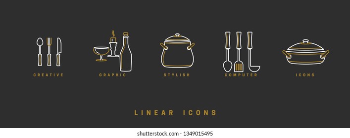 A set of vector images of dishes, tools, isolated in a linear style, icons.