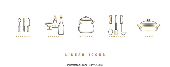 A set of vector images of dishes, tools, isolated in a linear style, icons.