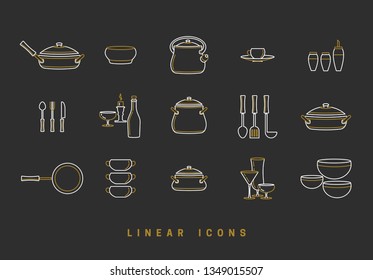 A set of vector images of dishes, tools, isolated in a linear style, icons.