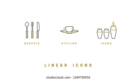 set of vector images of dishes, tools, isolated in linear style, icons.