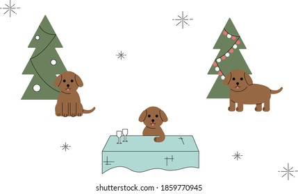 set of vector images of dogs and Christmas trees
