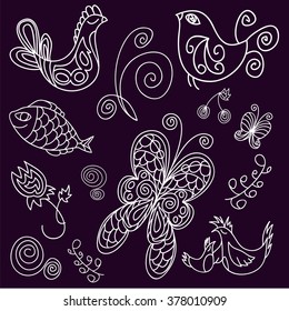 Set of vector images - Doodle birds, leaves, fish and butterflies