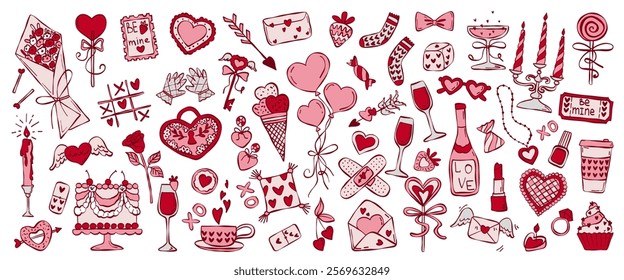 Set of vector images in doodle style for Valentine's Day. Set of colored cute bouquet,  sunglasses, rose, lollipop, amour arrow, candles, cake, vine isolated on pink background. Elegant vintage hand d