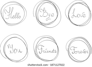 Set of vector images of doodle words in circles 