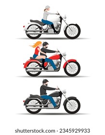 conjunto de imágenes vectoriales de conductores y pasajeros de una motocicleta clásica de varios colores. Ilustración vectorial.