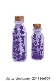 set of vector images of essential oil bottles in a soft lavender style