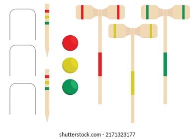 A set of vector images "Everything for croquet" on a white background: mallets, balls, gates and pegs