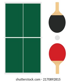 The set of vector images "Everything for table tennis and ping pong" on a white background: rackets, a ball and a table