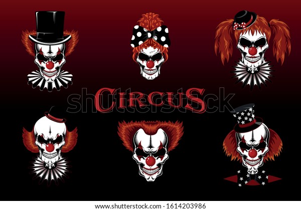 Set of vector images of evil skulls of clowns. Clowns in hats and jabot.