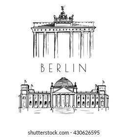 Conjunto de imágenes vectoriales de famosos hitos alemanes. Puerta de Brandeburgo y el Reichstag. Dibujos a mano de lugares de interés en Berlín, Alemania. Esquema negro aislado en fondo blanco.