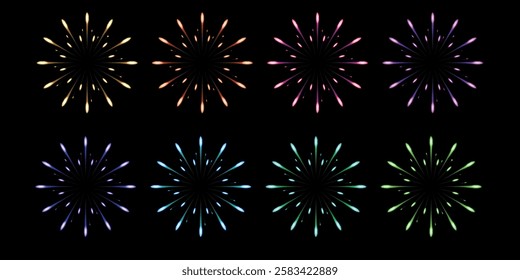 Set with vector images of fireworks of different shades on a black background. Elements for decorating designs