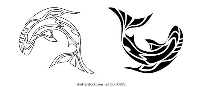 Conjunto de Imágenes vectoriales de pescado. Esquema y silueta de peces sobre fondo transparente.