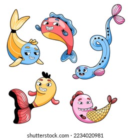 Set of vector images of a five different colorful cartoonstyle drawn fishes