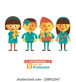 Set Of Vector Images In A Flat Style. Profession Veterinarian. Cartoon Characters And Icons.