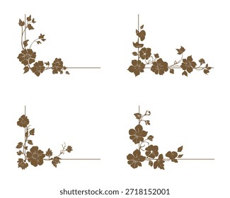 Conjunto de Imágenes vectoriales de motivos florales en estilo angular, adornos florales botánicos vintage con hojas, elegantes marcos decorativos para invitaciones de boda, etiquetas.