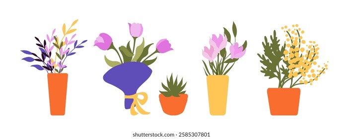 Set of vector images for a flower shop. Bouquet of tulips and  spring flowers in pots. Color illustration on a white background. Isolated