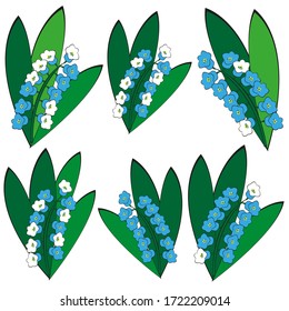 Set of vector images of flowers lilies of the valley on a white background. Vector isolated drawings.