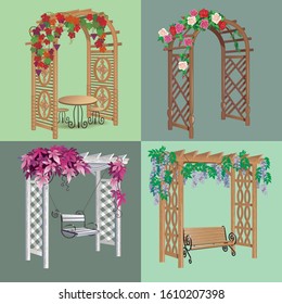 Set of vector images of four garden wooden canopies with flowers